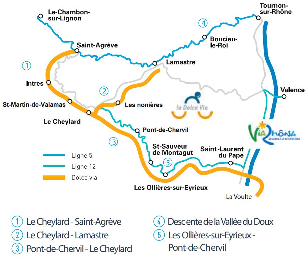 Carte simplifiée des lignes de bus E05 et E12 en Vivarais