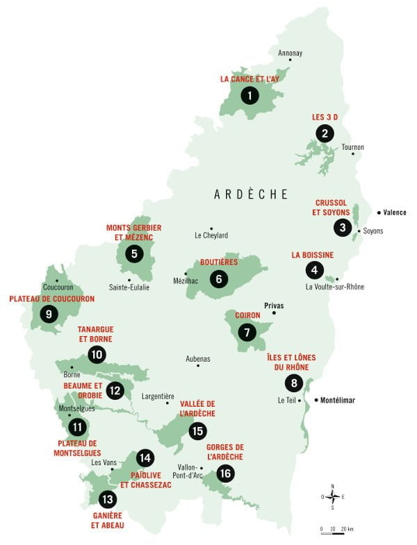 Maps of the 16 sensitive natural areas in Ardèche: Name, location and nearby towns