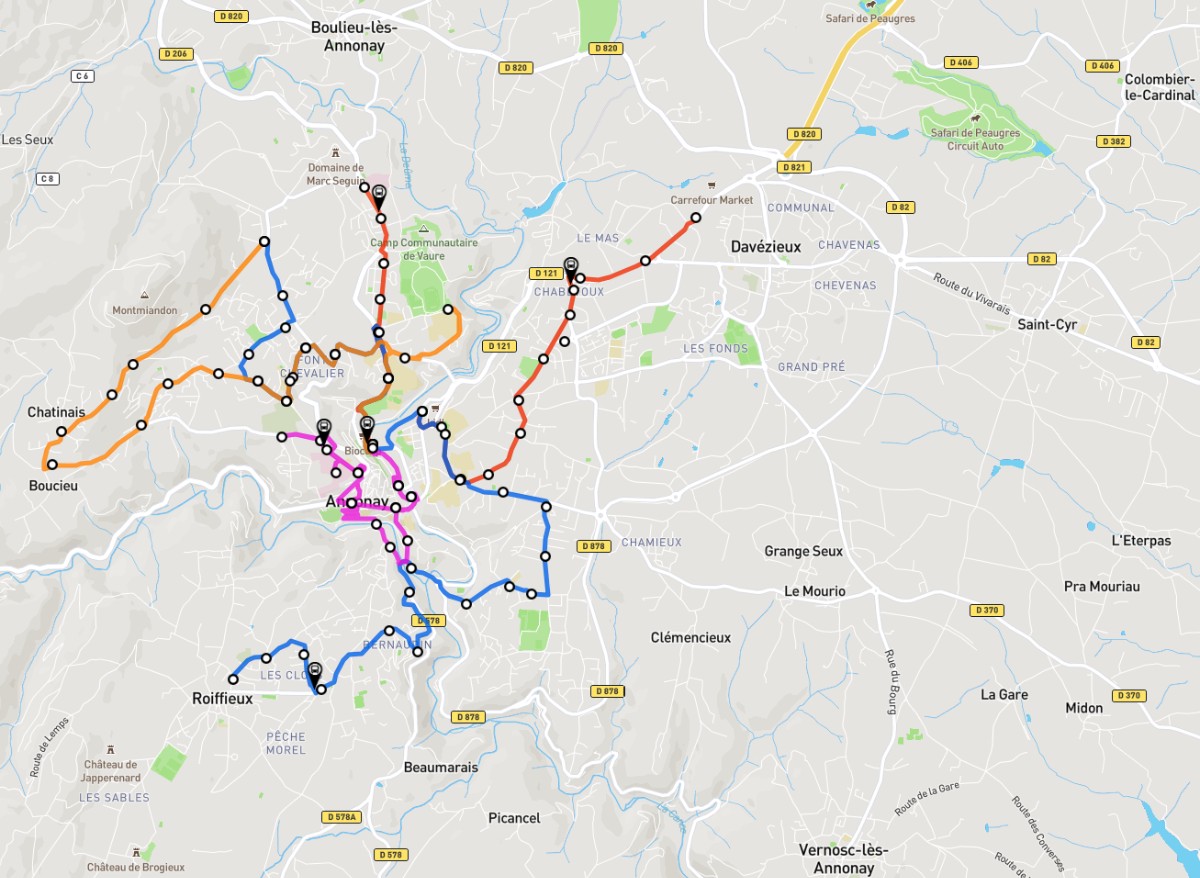 Carte du réseau des bus autour d'Annonay en Ardèche