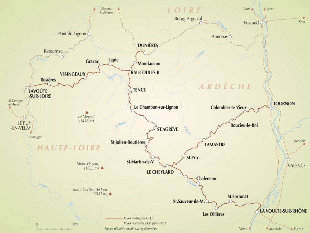 Carte du réseau CFD Vivarais avec la ligne du Mastrou en Ardèche